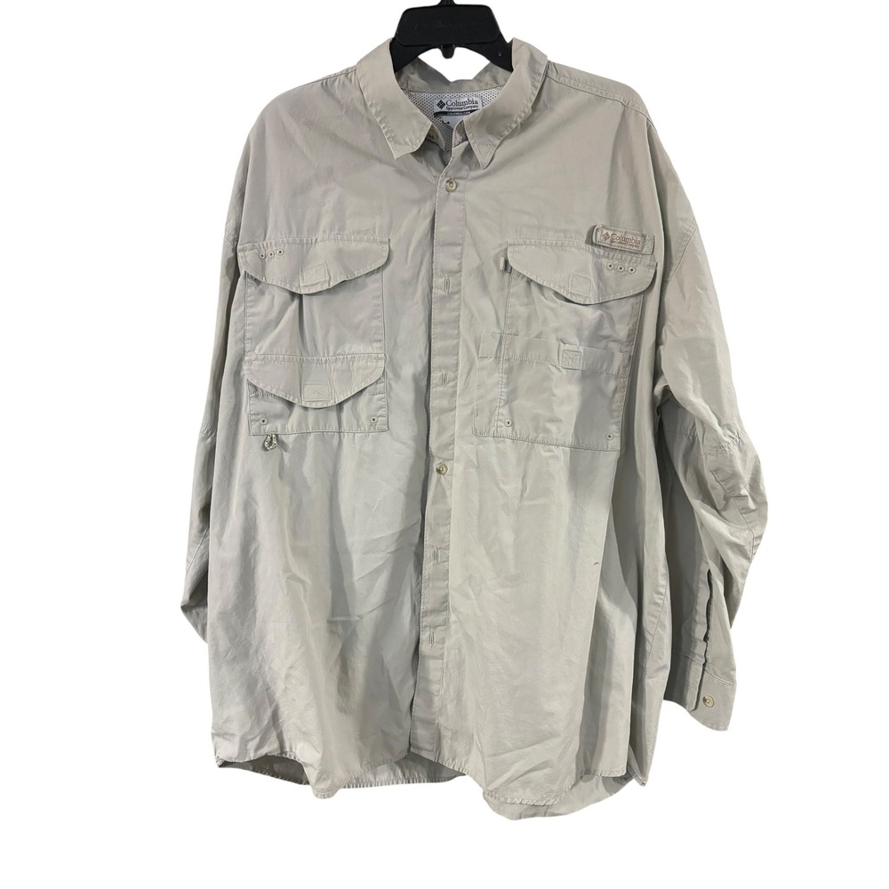 Columbia PFG Fishing Shirt Mens XXL Tan Khaki Long Sleeve Vented Button Up Logo